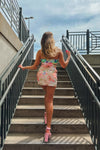 Multi Color Floral Jacquard Cut Out Rosette Mini Dress