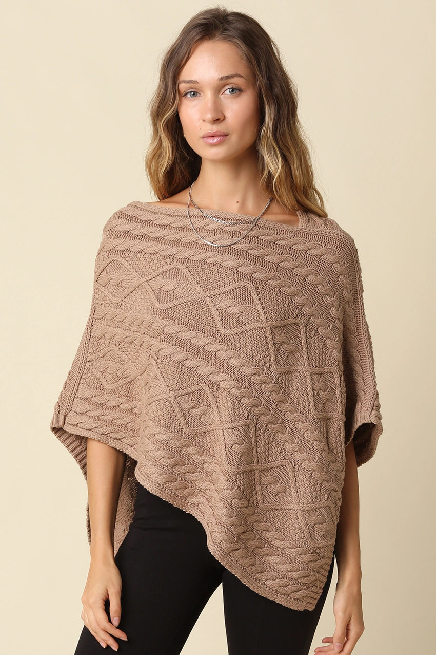 Mocha Asymmetrical Cable Knit Poncho Top