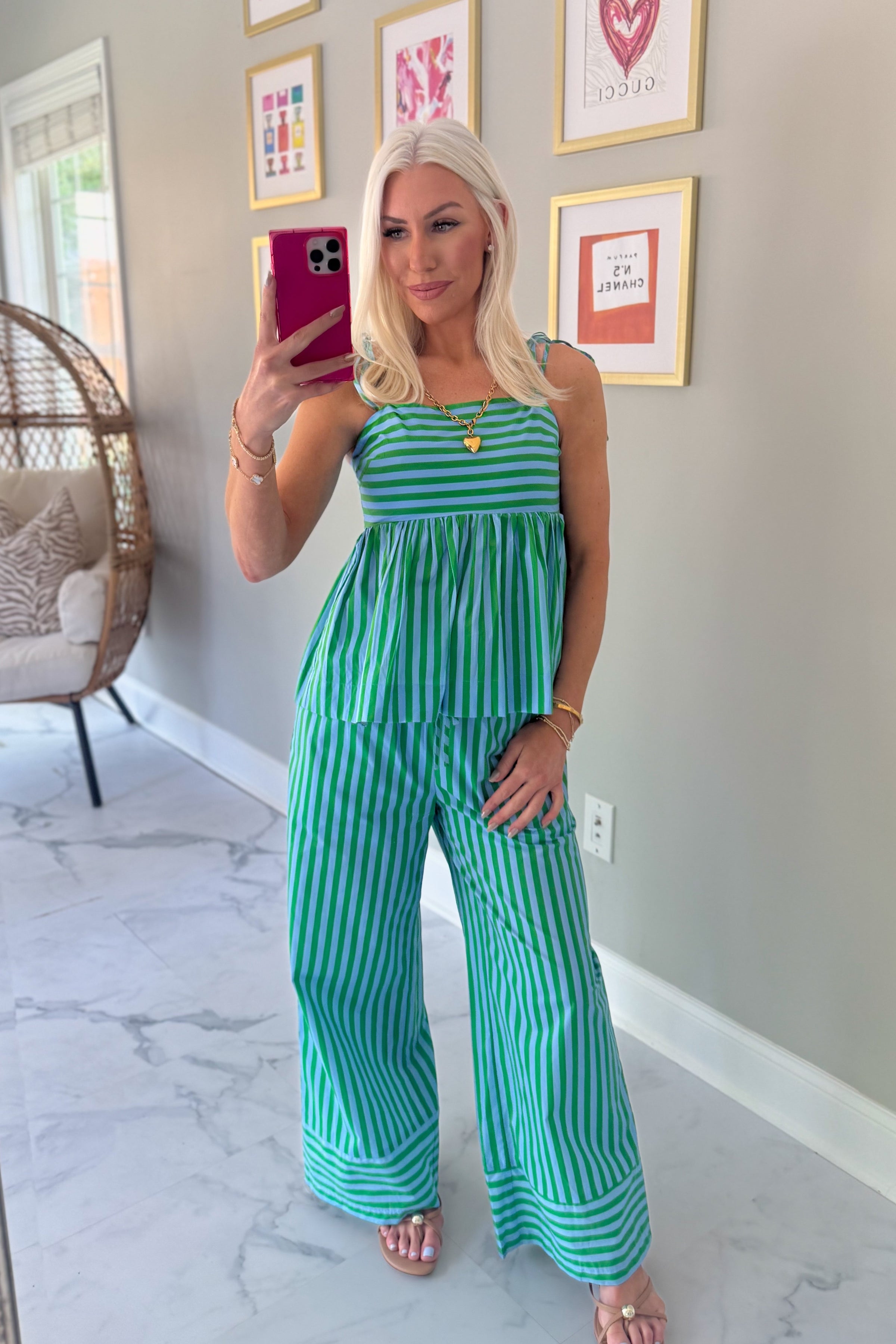 Green Striped Wide Leg Pants and Tank Top Set