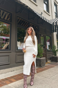 Cream Soft Knit Crop Top and Midi Skirt Set