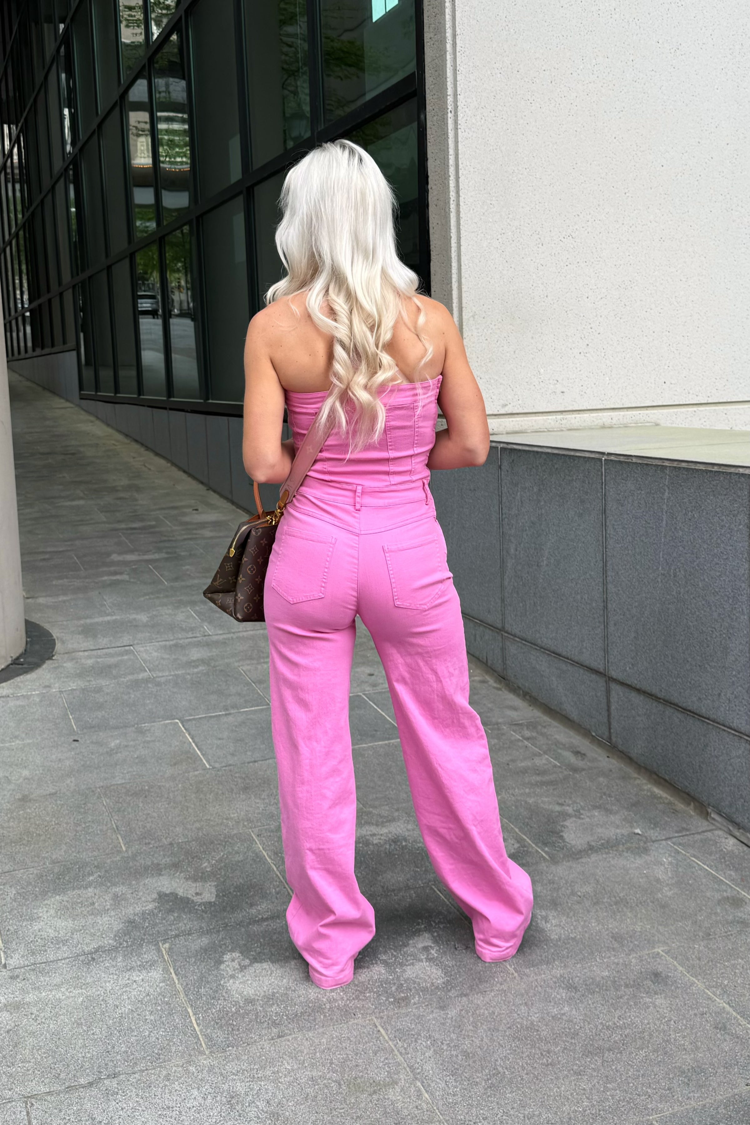 Wide Leg Pink Jeans Jumpsuit Hot Pink Denim Wide Leg Jumpsuit