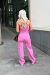 Hot Pink Denim Wide Leg Jumpsuit