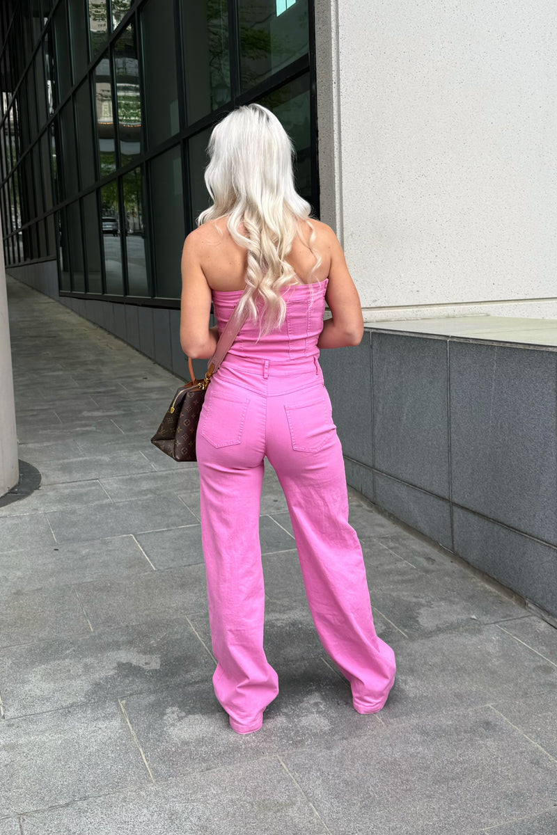 Hot Pink Denim Wide Leg Jumpsuit