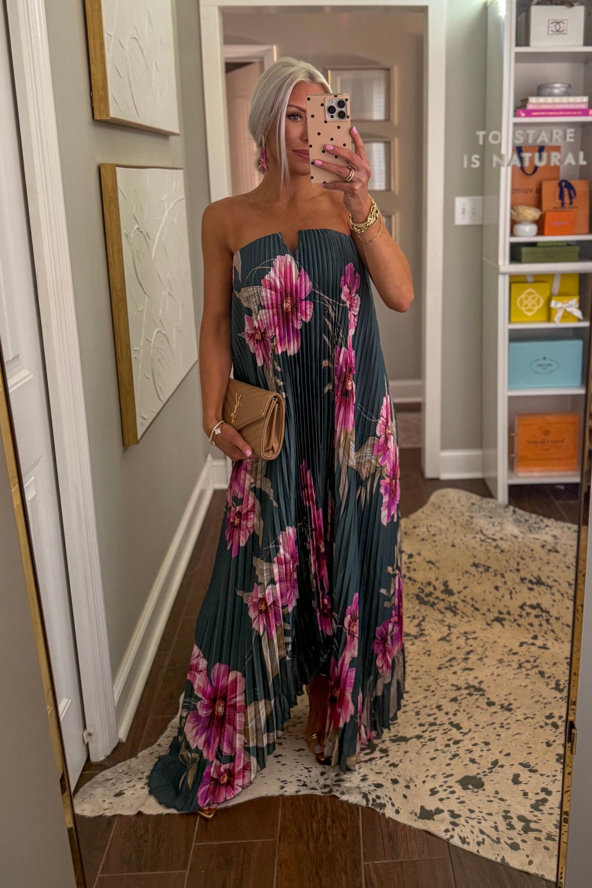 Green Floral Pleated Column Maxi Dress
