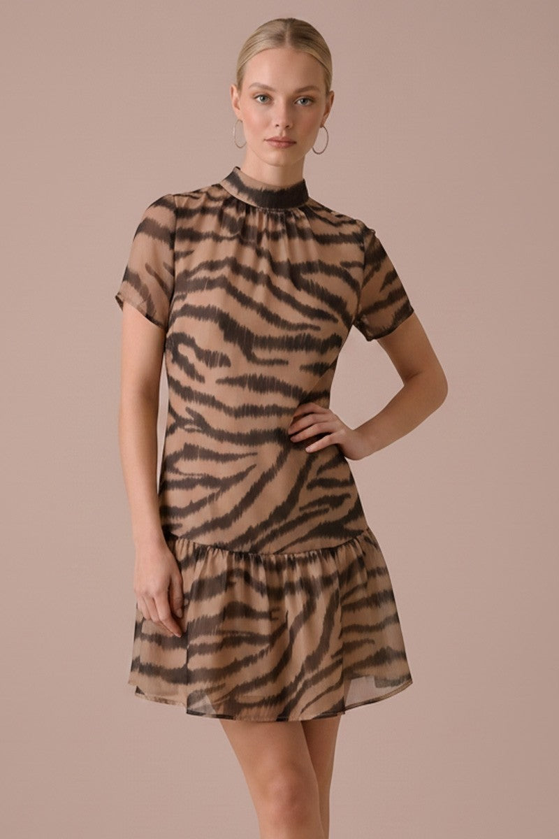 Tan Zebra Print Organza Mock Neck Mini Dress