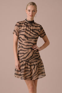 Tan Zebra Print Organza Mock Neck Mini Dress