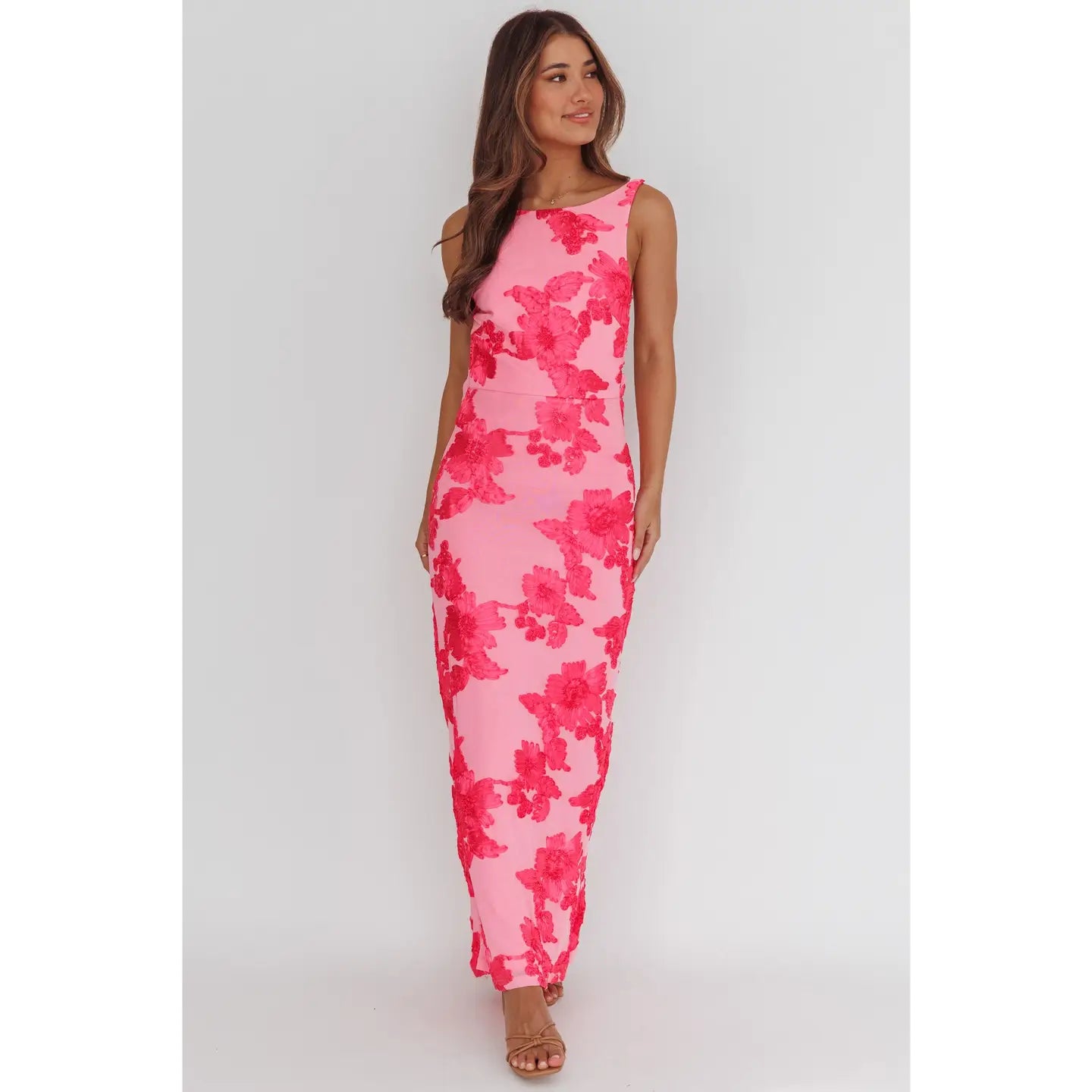 Hot Pink Flower Open Back Maxi Dress
