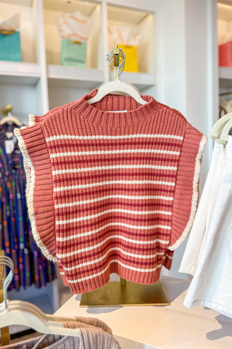 Orange Striped Ruffle Sleeve Sweater