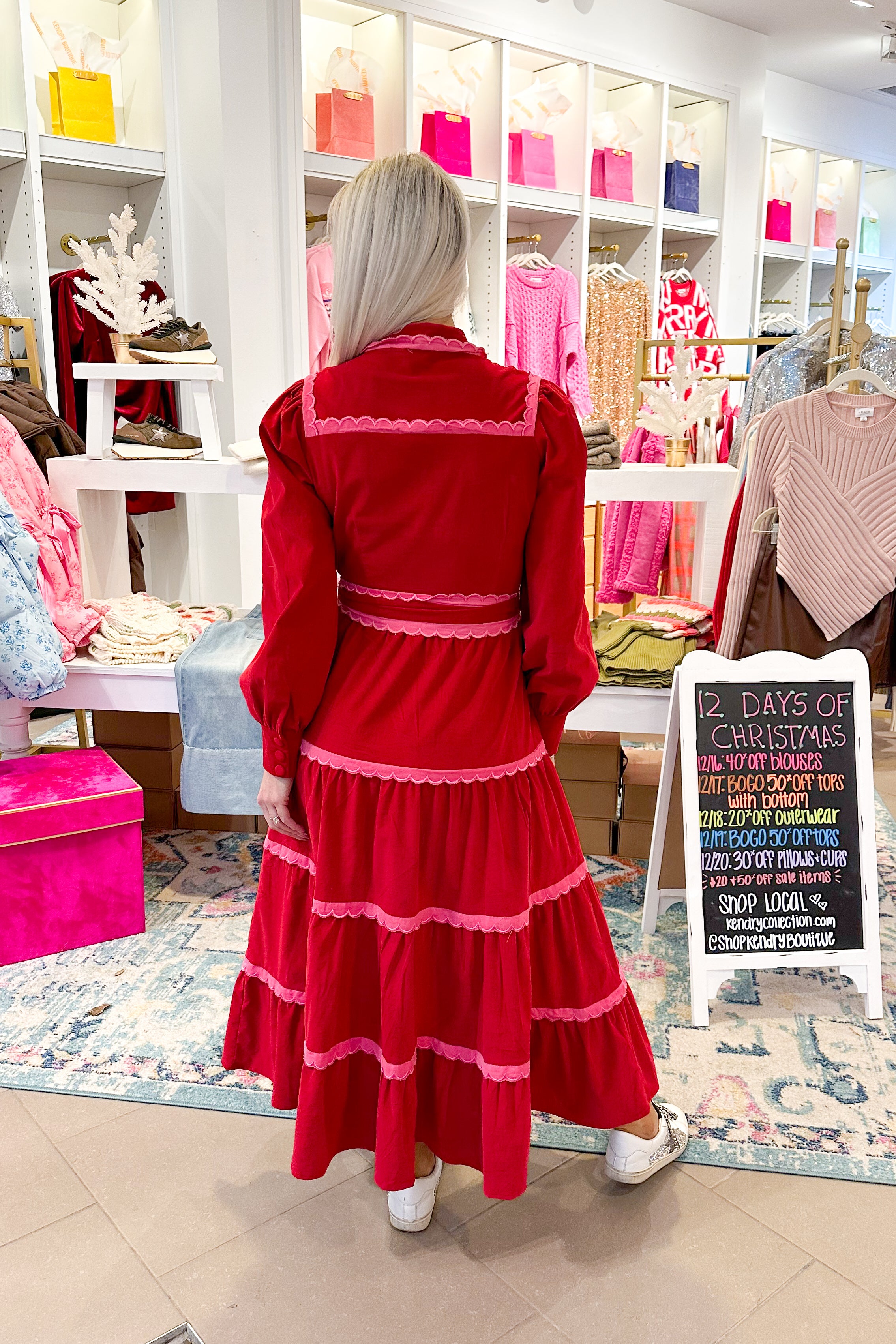 Red and Pink Tiered Scalloped Detail Long Sleeve Midi Dress Red and Pink Tiered Scalloped Detail Long Sleeve Midi Dress