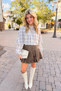 Brown Faux Leather Pleated Mini Skirt