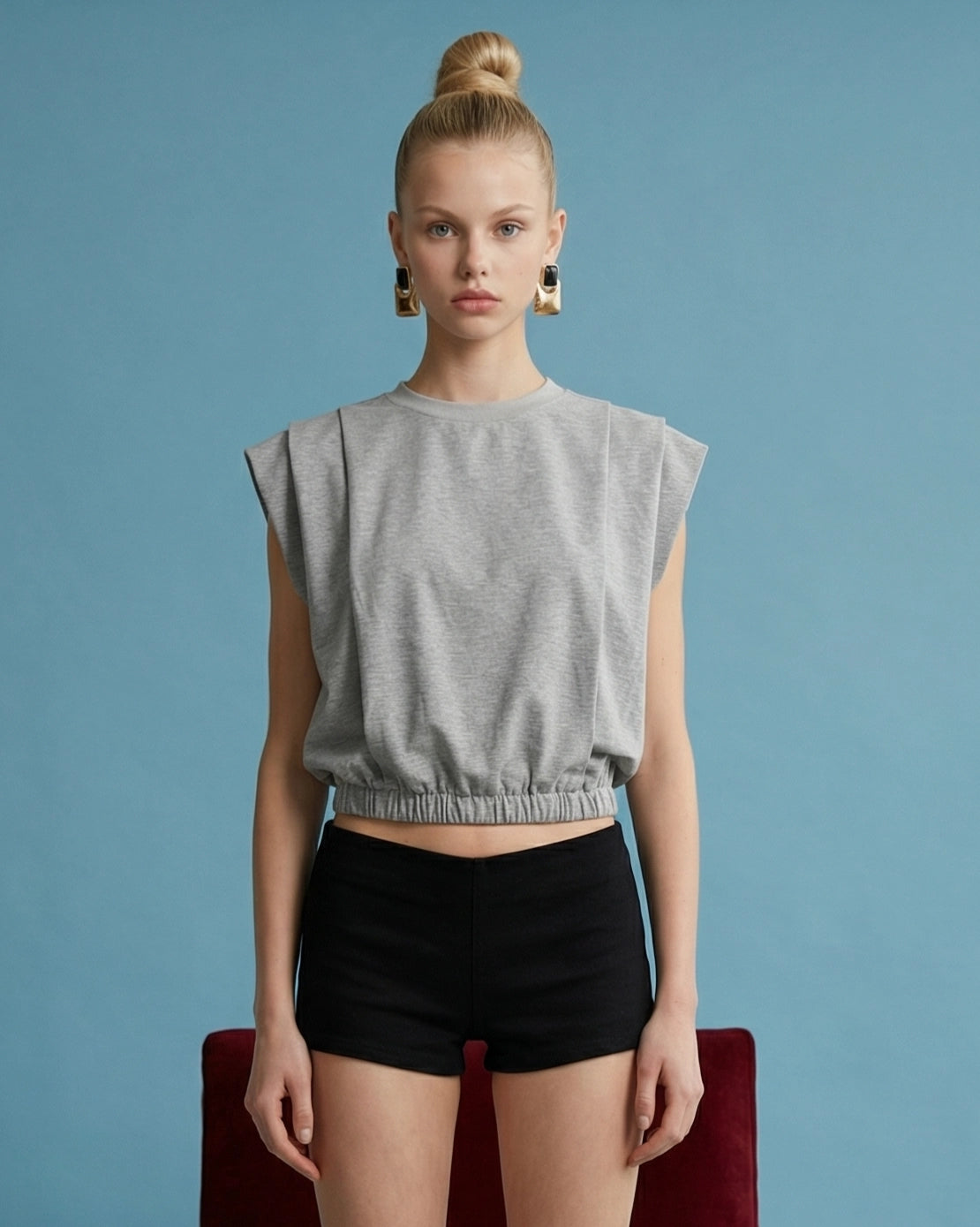 Pleated Shoulder Cropped Tee - Grey
