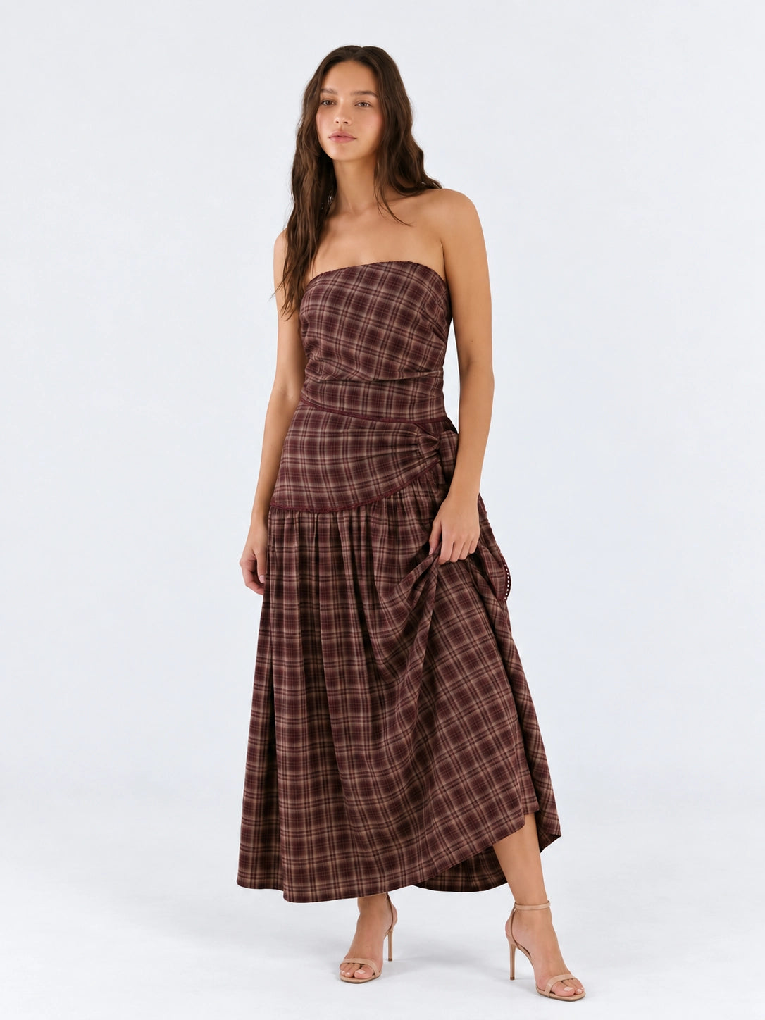 Plaid Strapless Side Tie Cotton Midi Dress