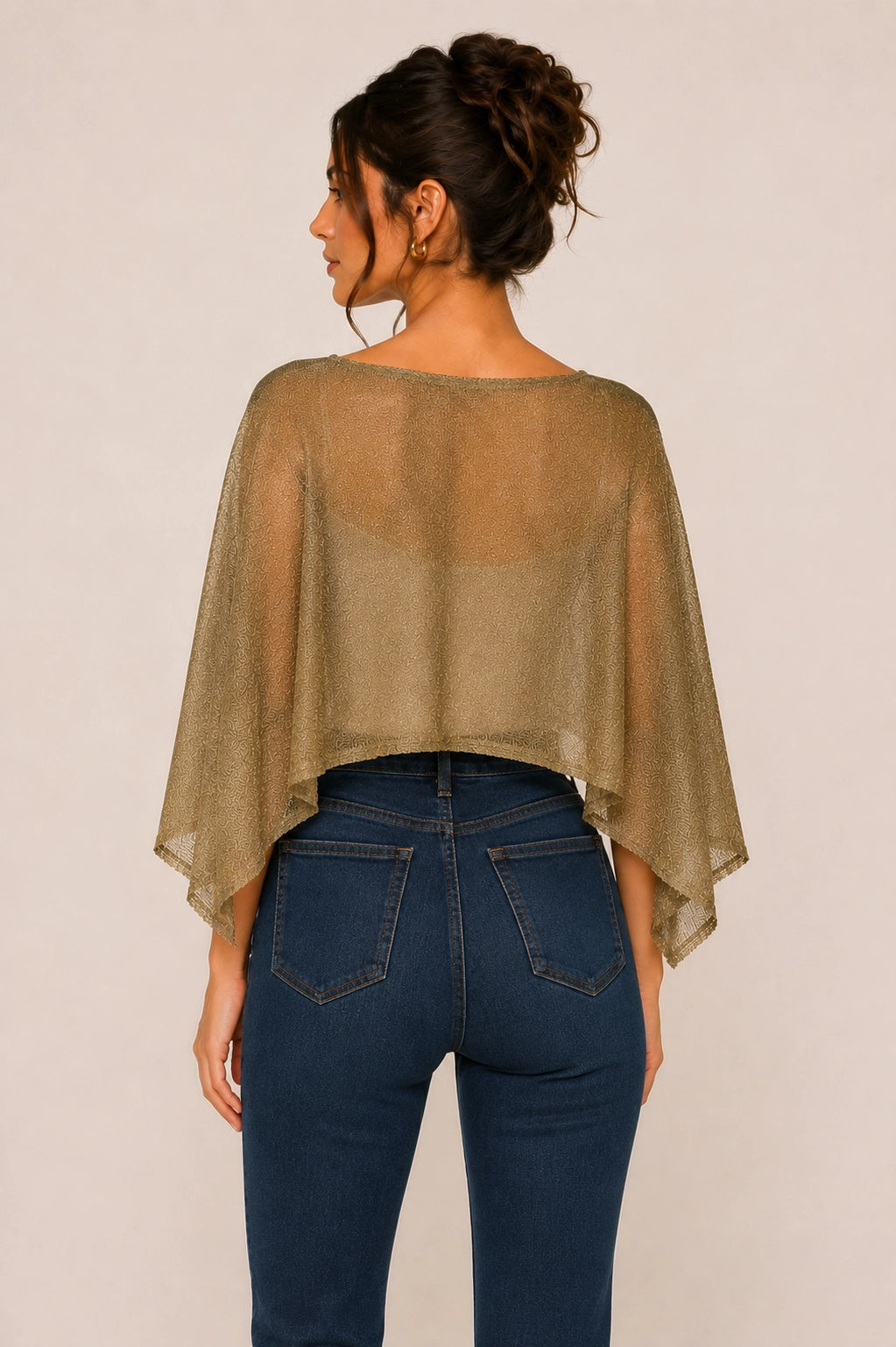 Gold Shimmer Sheer Metallic Knit Poncho Capelet Overlay Top