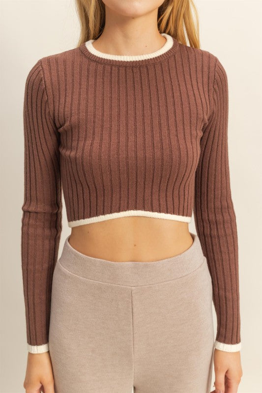 Brown and Cream Contrasting Hem Knit Top