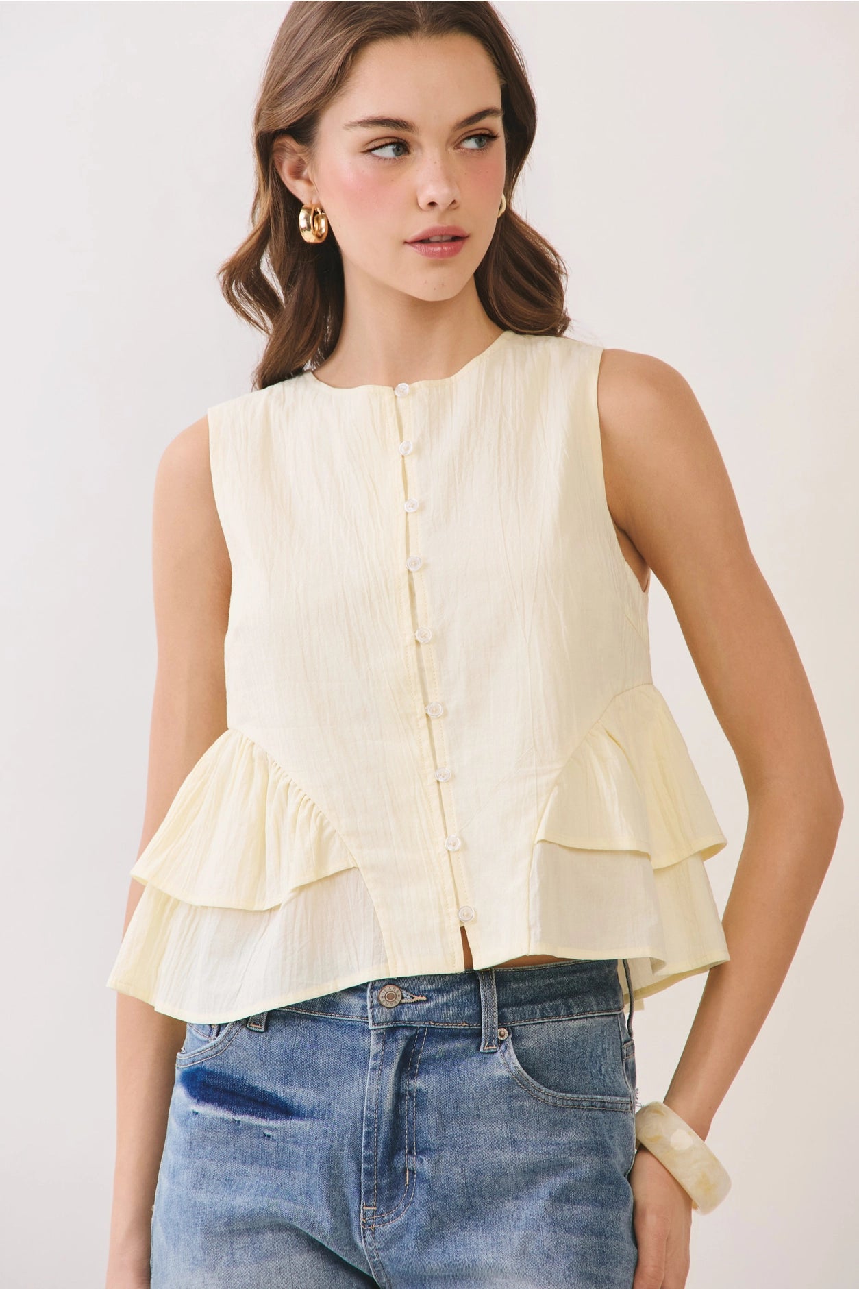 Front Button Down Tiered Ruffle Top - Yellow