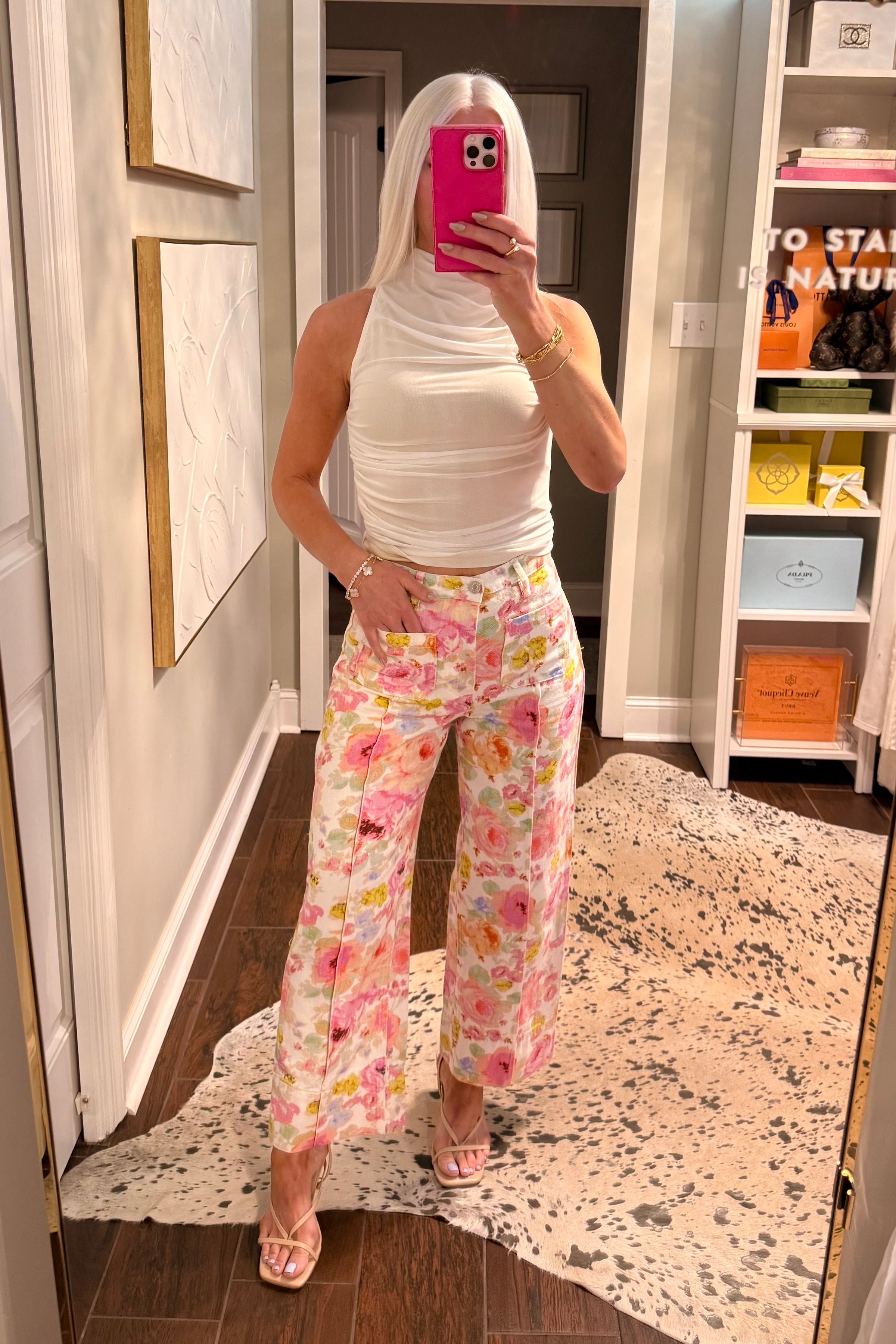 Floral Print Front Pocket Wide Leg Jeans