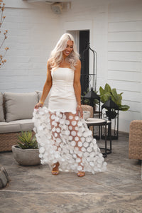 White Maxi Dress With Sheer Hem and Circle Appliqué Detail - Kendry Collection Boutique