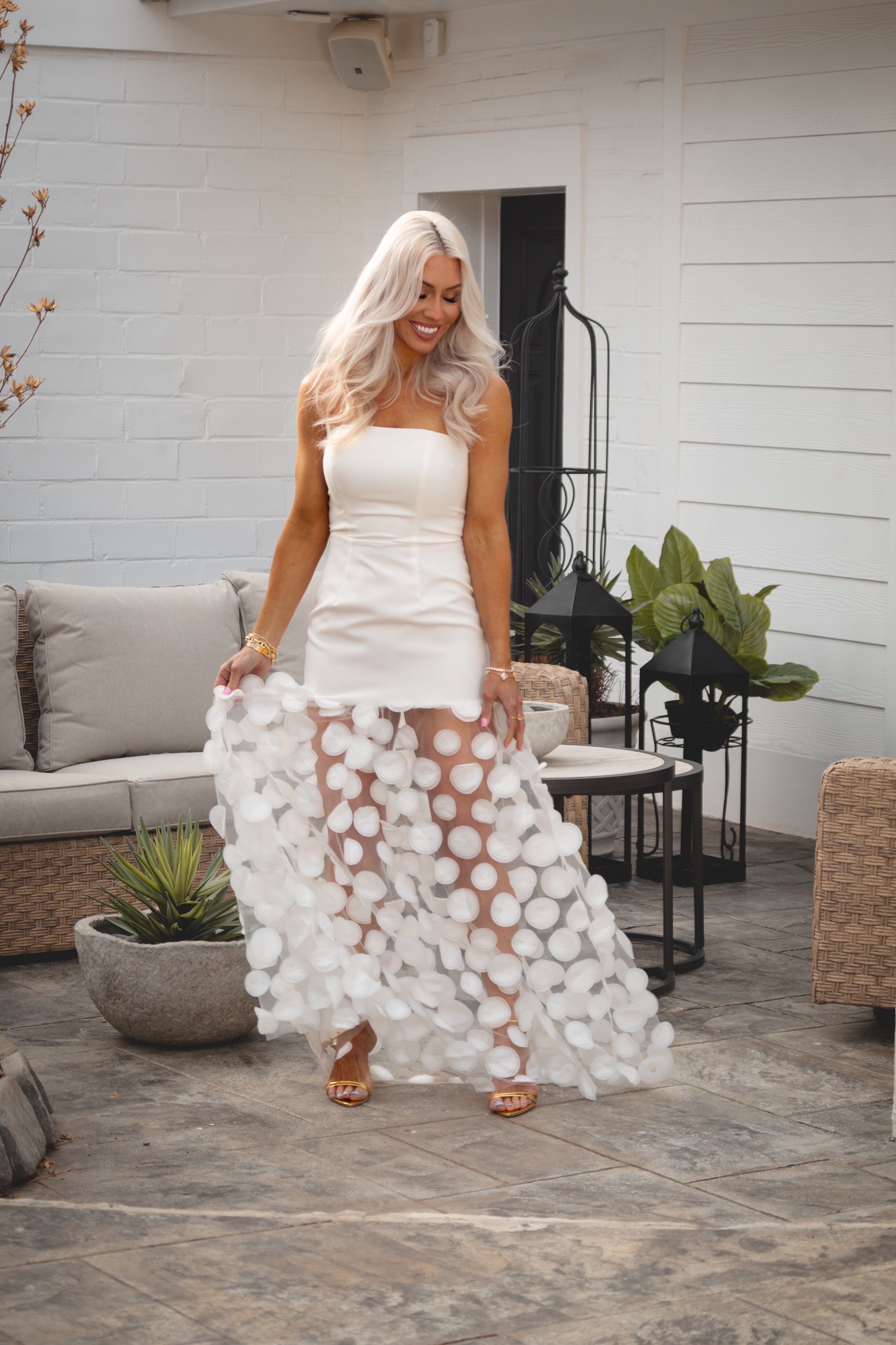 White Maxi Dress With Sheer Hem and Circle Appliqué Detail - Kendry Collection Boutique