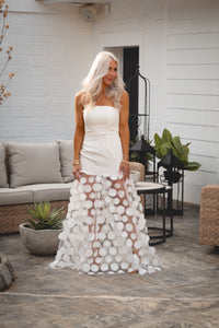 White Maxi Dress With Sheer Hem and Circle Appliqué Detail - Kendry Collection Boutique