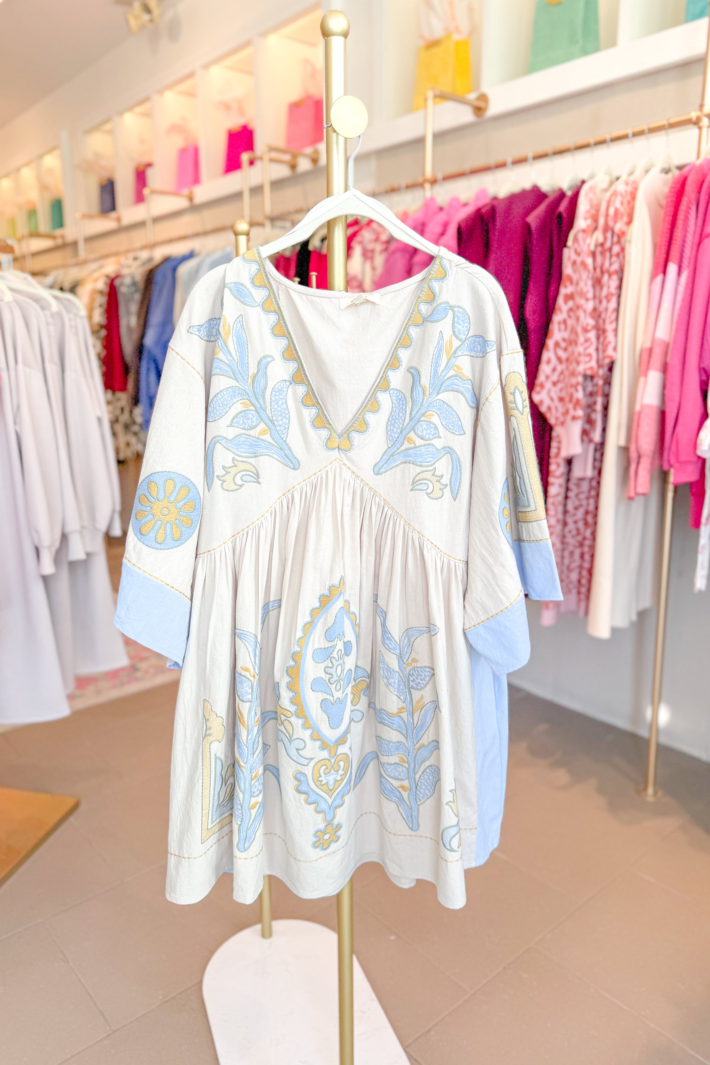 Baby Blue Floral Embroidered Mini Dress - Main Image