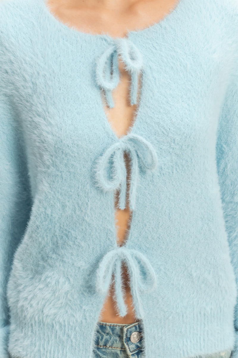 Ice Blue Fuzzy Bow Detail Sweater