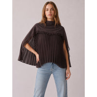 Espresso Brown Pleated Cape Blouse with Lace Trim