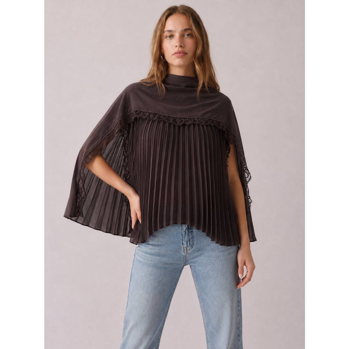 Espresso Brown Pleated Cape Blouse with Lace Trim