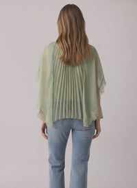 Sage Green Pleated Cape Blouse with Lace Trim