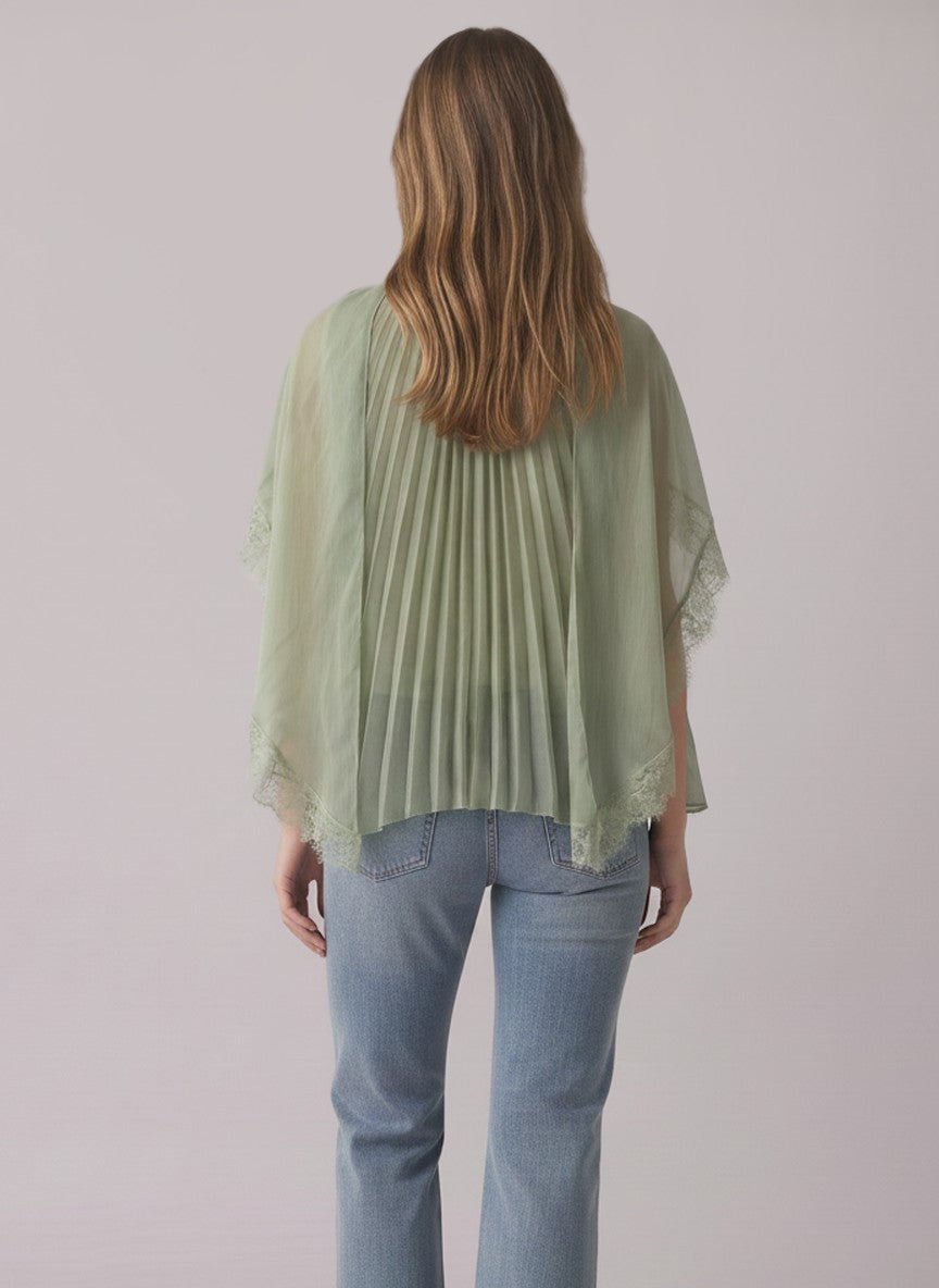 Sage Green Pleated Cape Blouse with Lace Trim