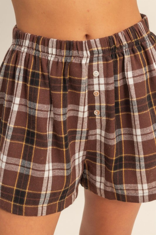 Brown Button Front Flannel Boxer Shorts