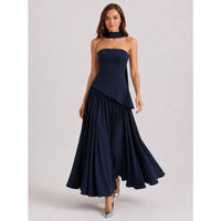 Navy Blue Scarf Detail Sheer Hem Maxi Dress