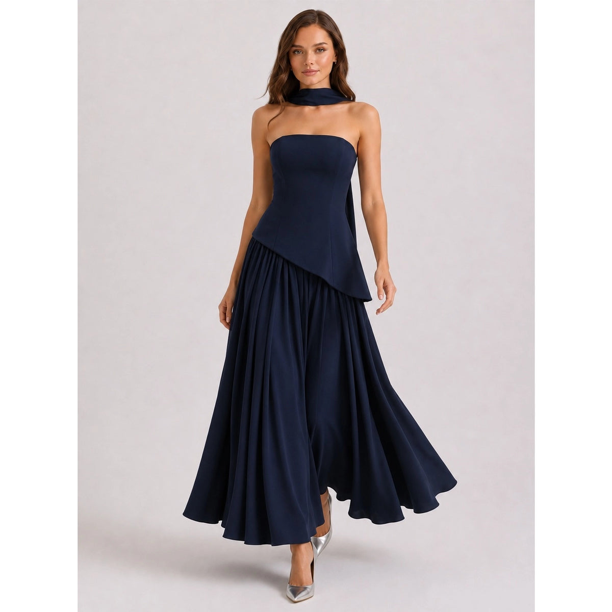 Navy Blue Scarf Detail Sheer Hem Maxi Dress