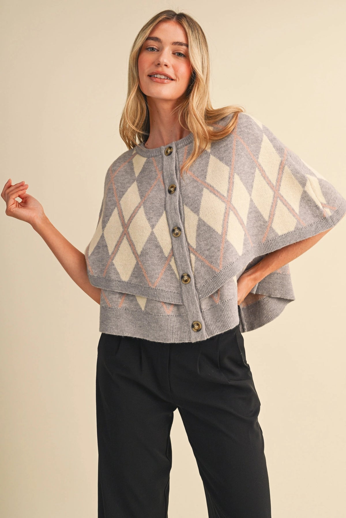 Grey Argyle Knit Cape Sweater