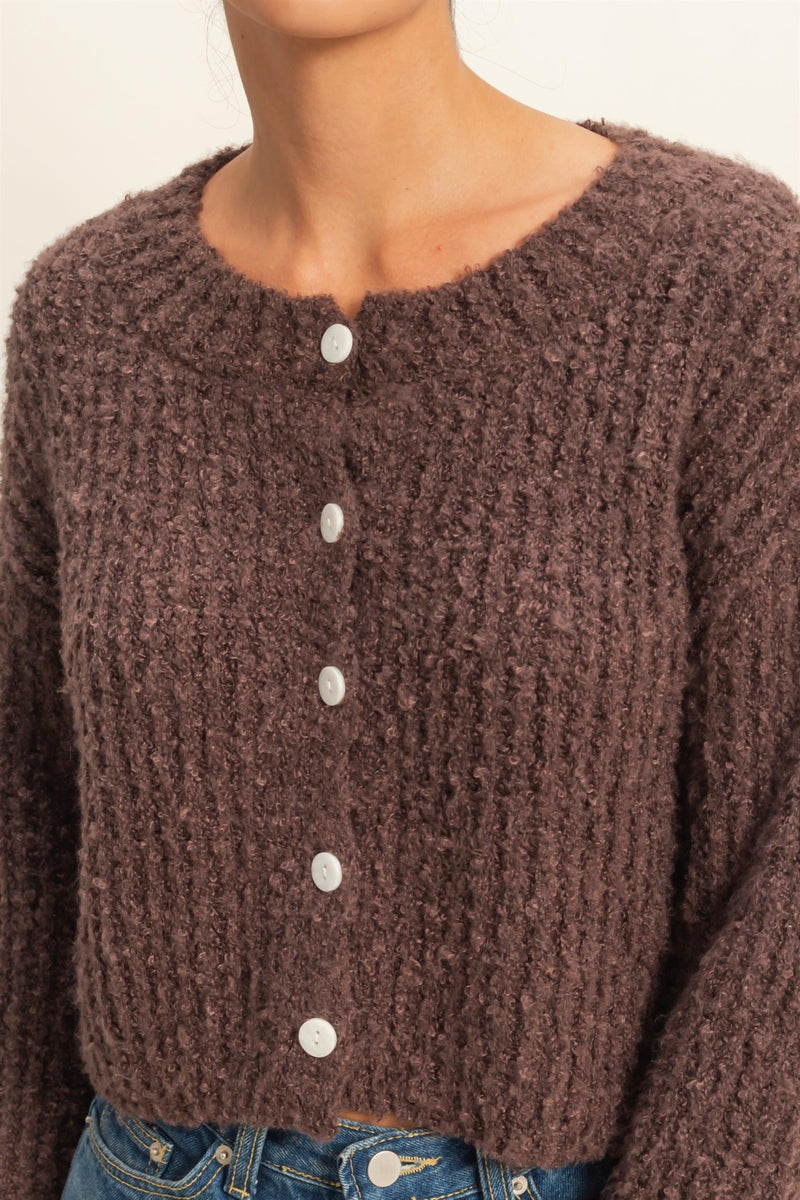 Brown Fluffy Knit Button Down Cardigan