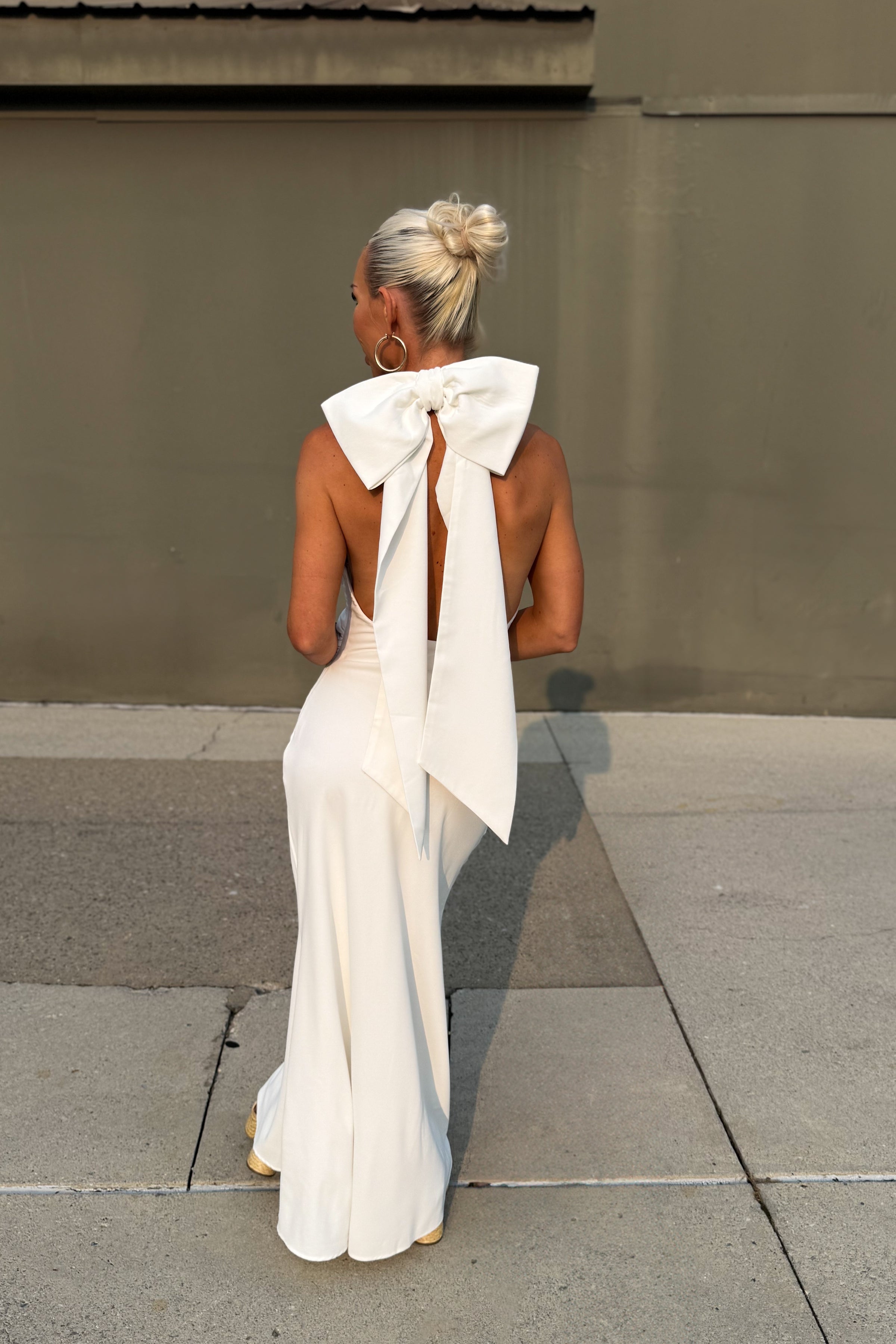 white mock neck dress White Bow Detail Maxi Dress | Bride Dress