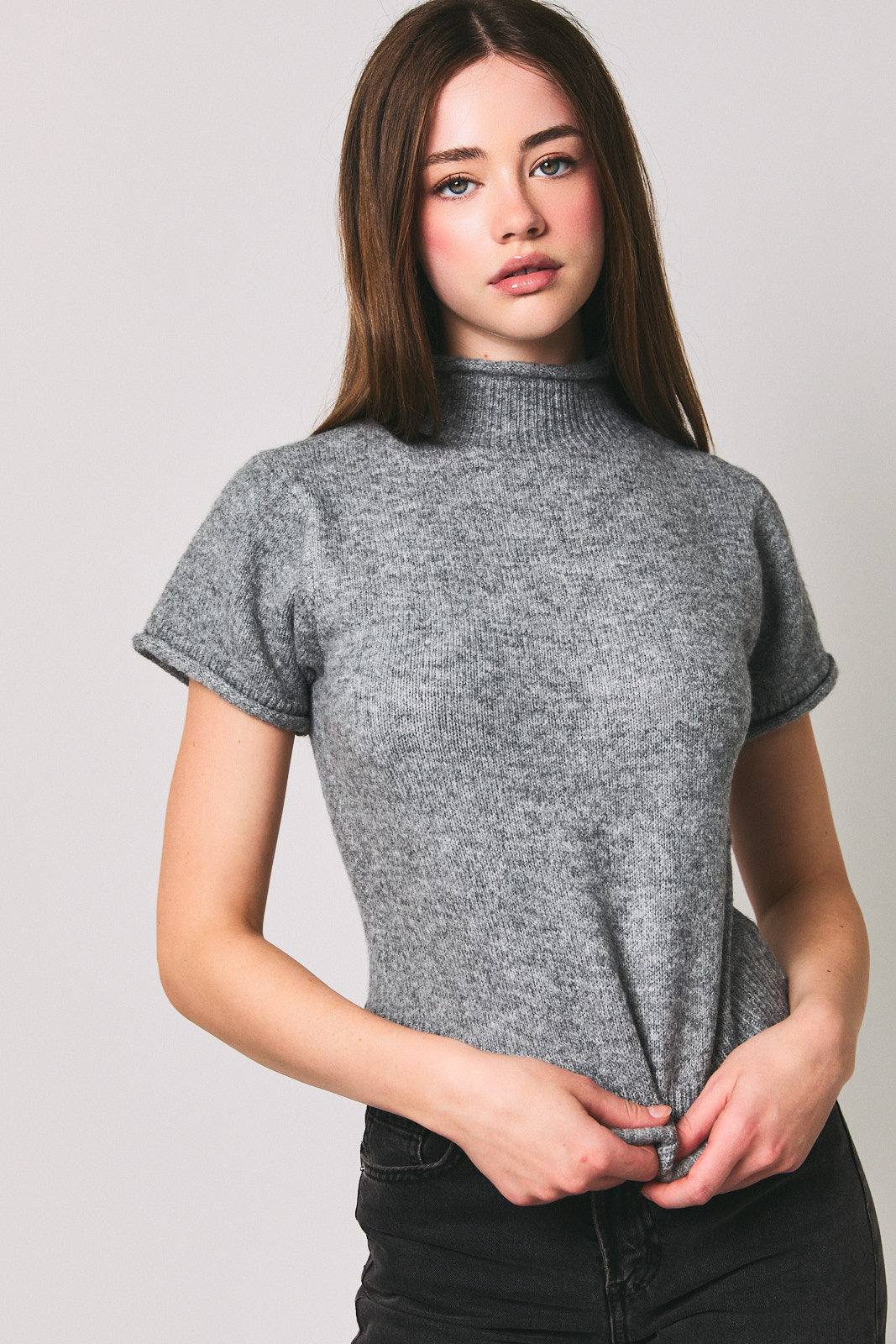 Heather Grey Mock Neck Short Sleeve Sweater