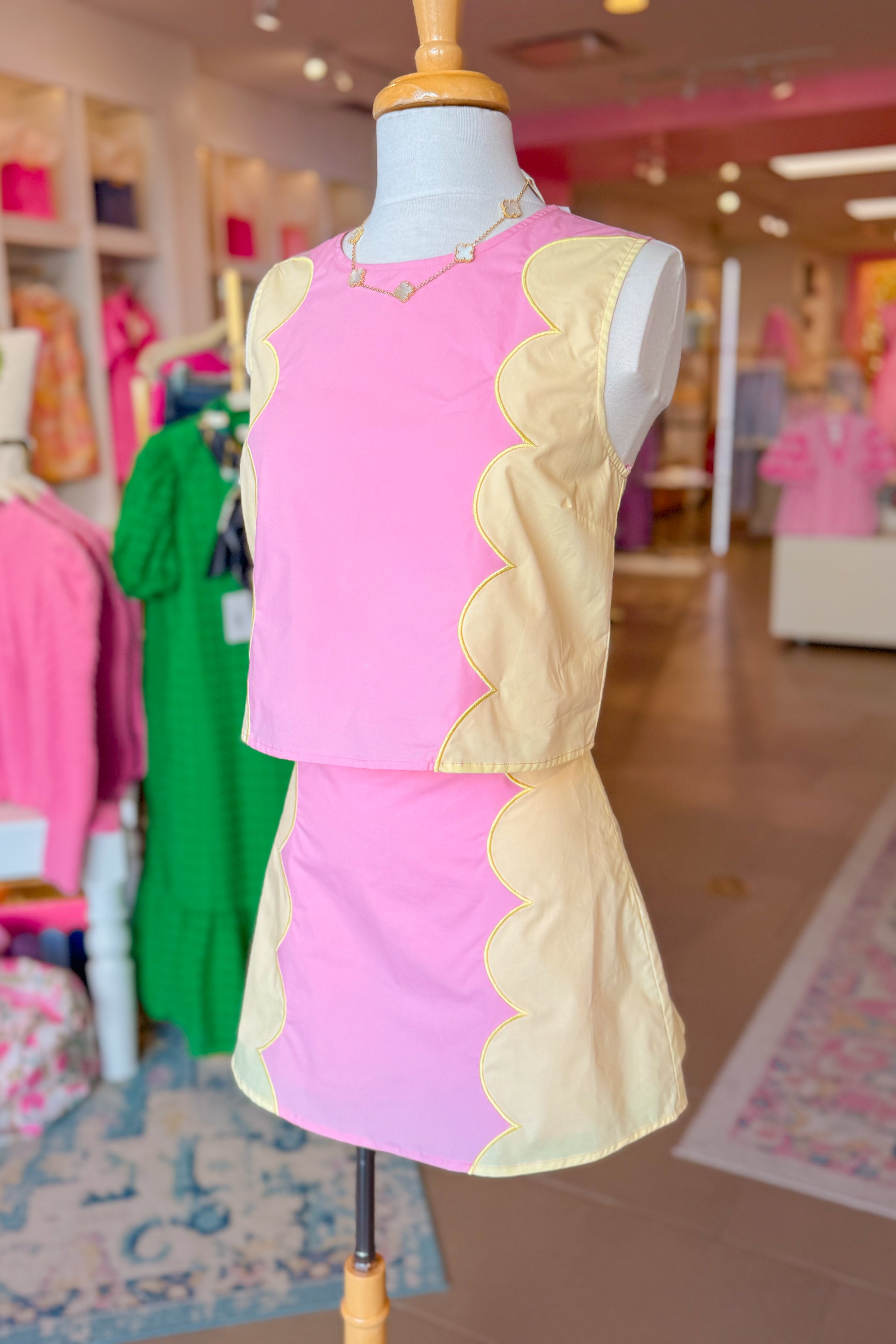 Pink and Yellow Scallop Detail Mini Skirt Set - Kendry Collection Boutique