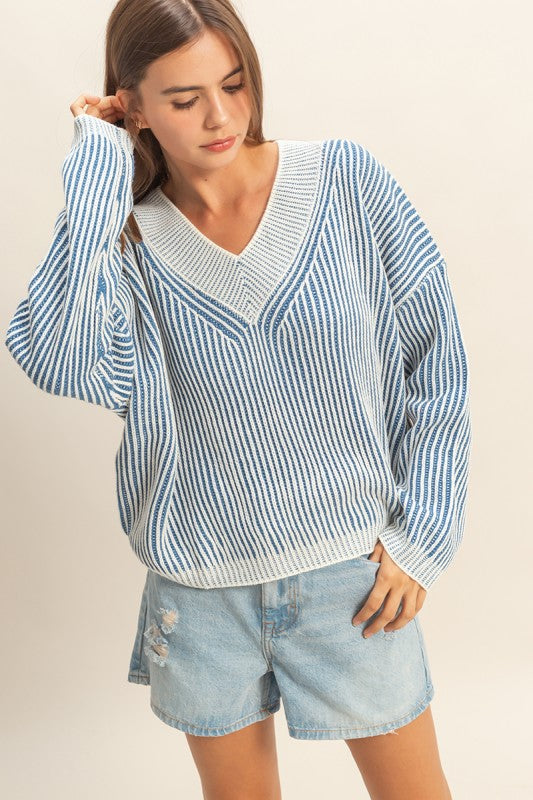 Blue Ribbed Knit V-Neck Sweater
