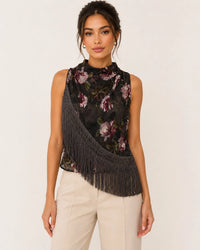 Midnight Floral Fringe Mock Neck Sleeveless Blouse