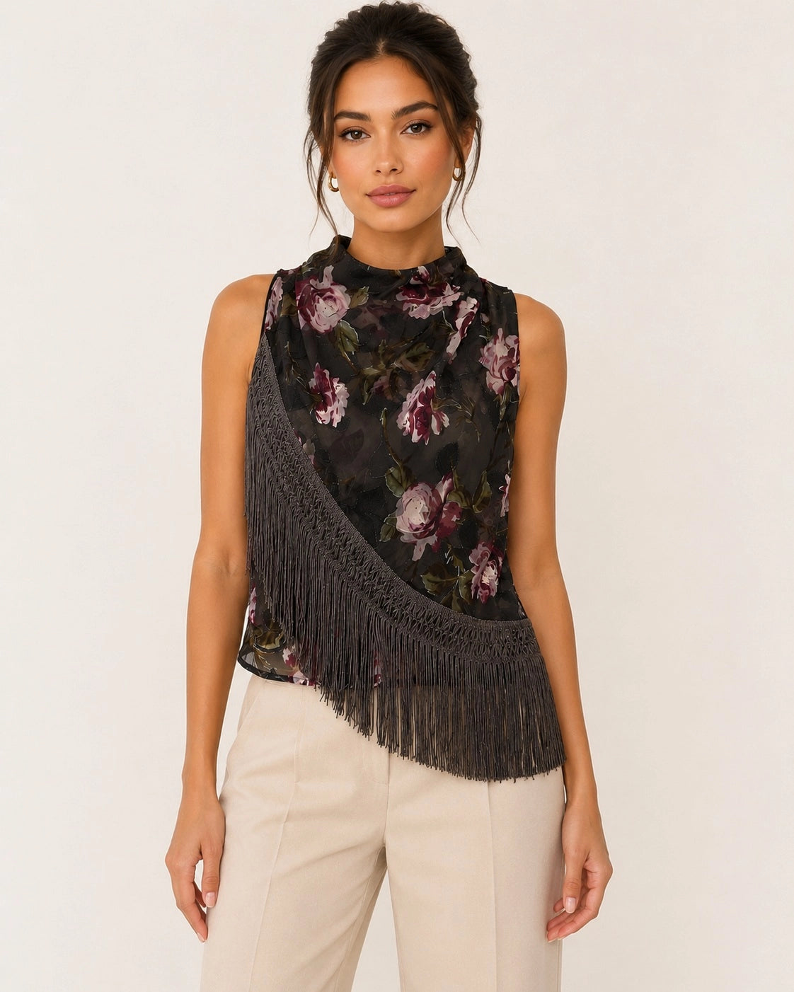 Midnight Floral Fringe Mock Neck Sleeveless Blouse