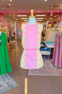 Pink and Yellow Scallop Detail Mini Skirt Set - Kendry Collection Boutique