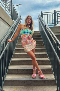 Multi Color Floral Jacquard Cut Out Rosette Mini Dress