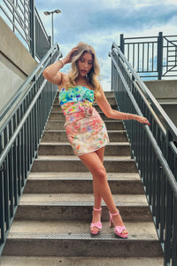 Multi Color Floral Jacquard Cut Out Rosette Mini Dress