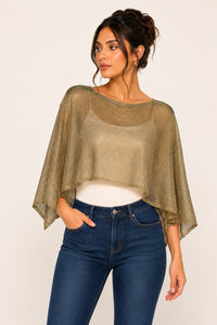 Gold Shimmer Sheer Metallic Knit Poncho Capelet Overlay Top