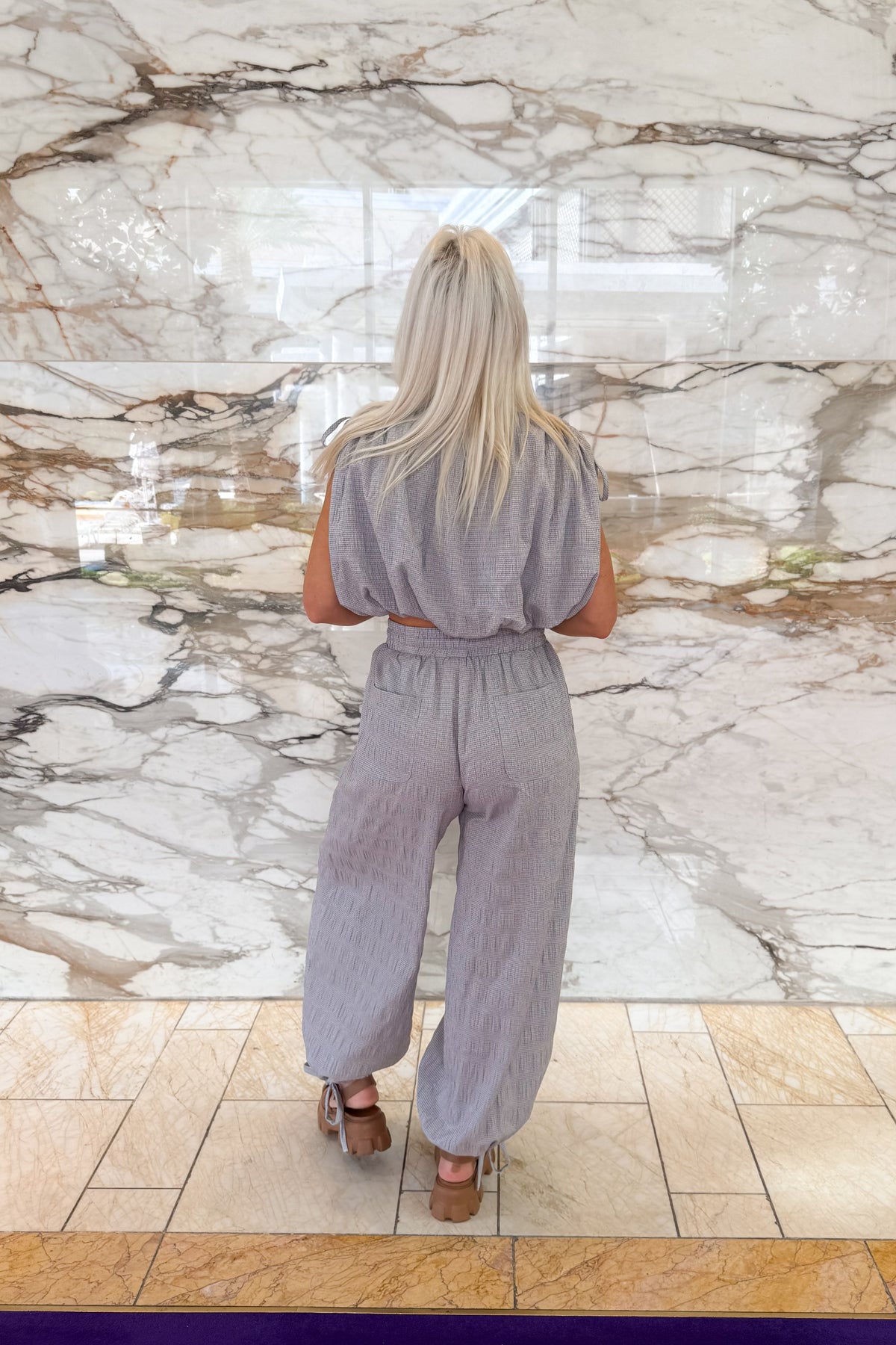 Grey Textured Crop Top and Jogger Set