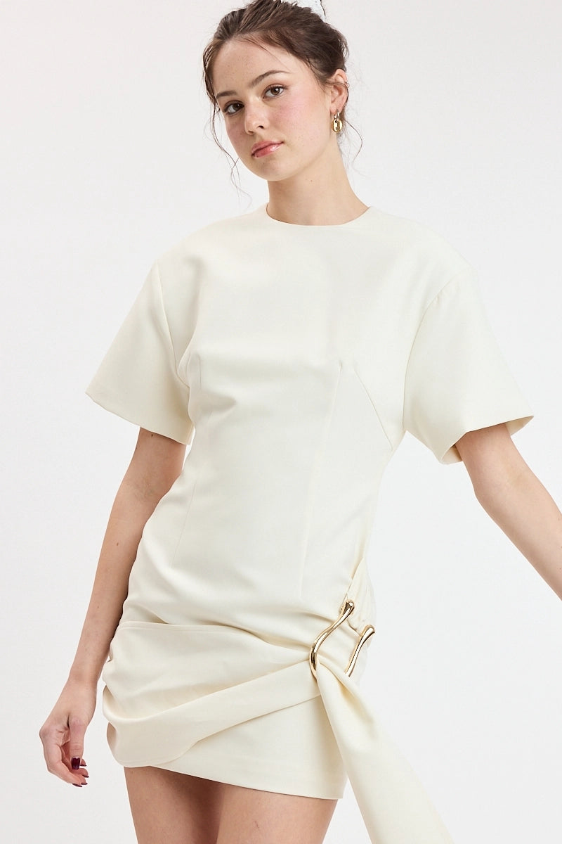 Cream Mini Dress With Horsebit Detail