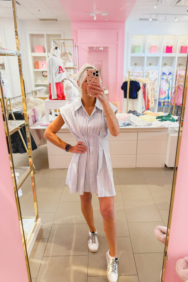 Blue Striped Cinched Waist Mini Dress