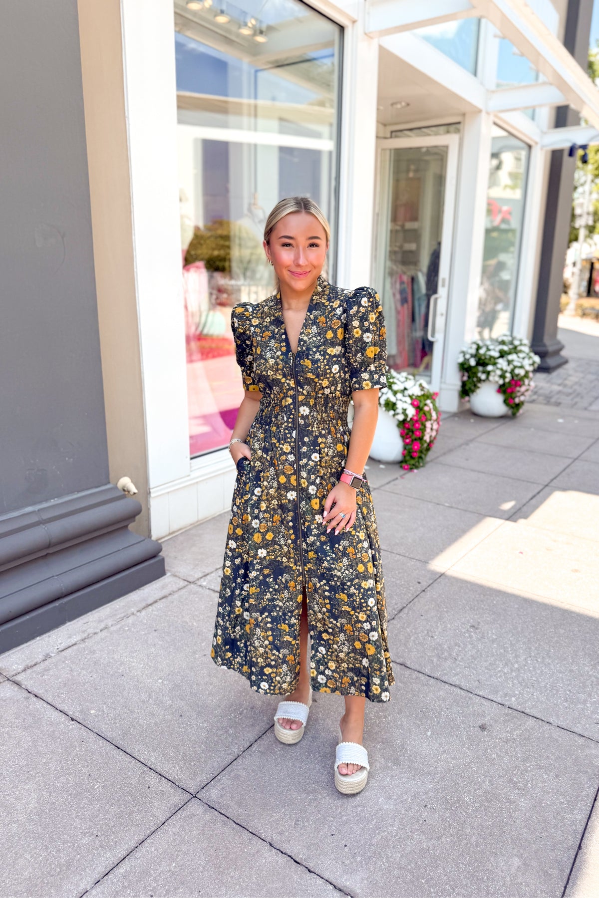 Black Floral Pattern Front Zip Midi Dress