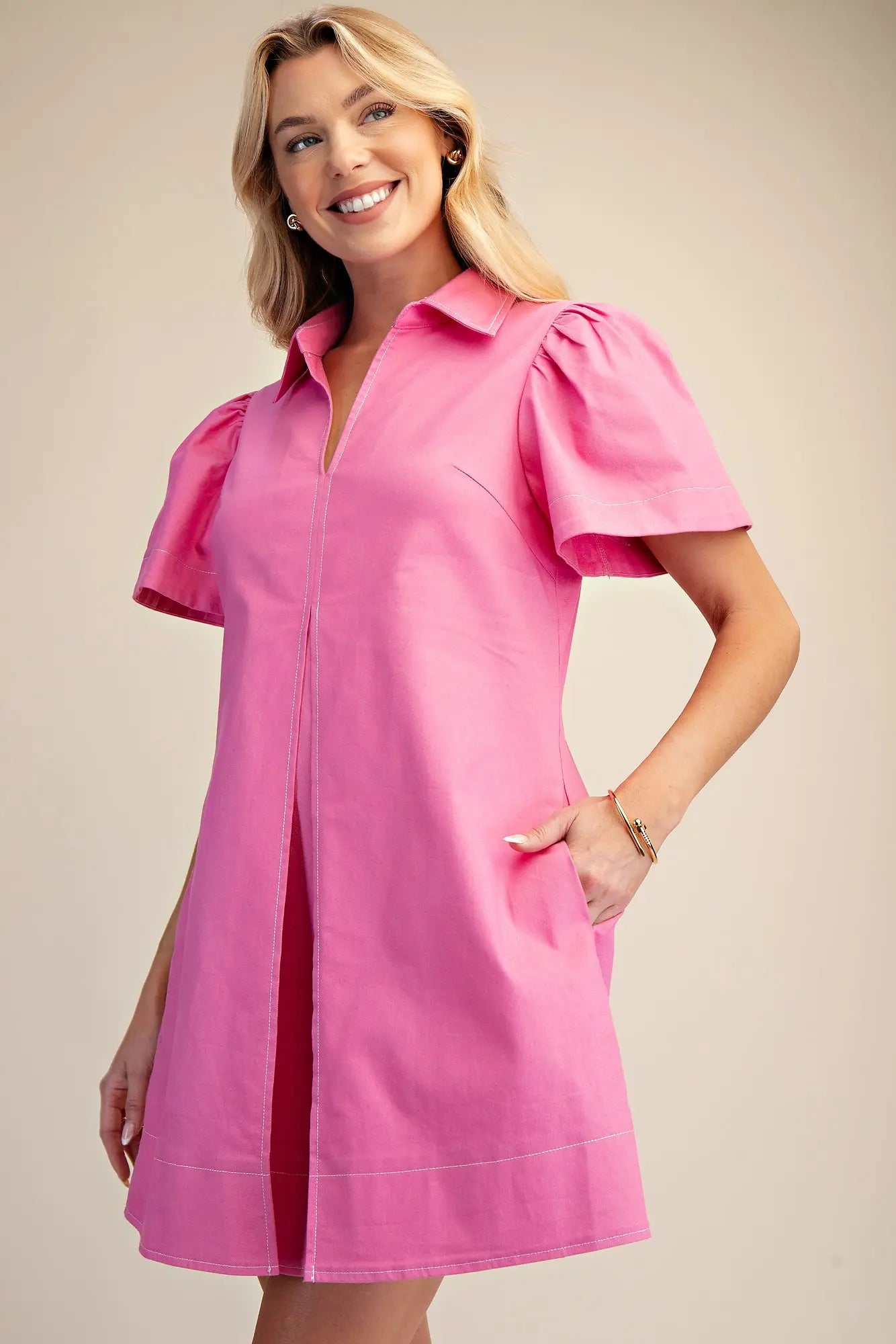 Pink Collared Front Pleat Mini Dress
