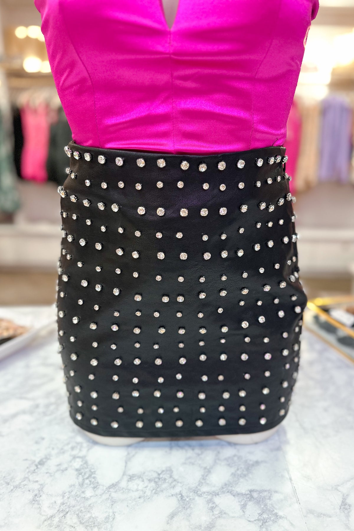 Black Faux Leather Rhinestone Mini Skirt